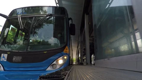 Bus picking up passengers at a bus station in Colombia, South America Video stock 150812627