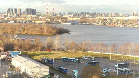 Bus pulls into the park after a work shift Stock Footage 164677756