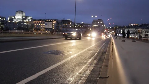 Bus red London on waterloo bridge  black taxi cab night stock, footage Stock Footage 86712640
