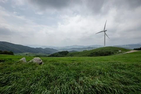 Bus running on pastures and wind farms spread out under the blue sky Stock Photos
