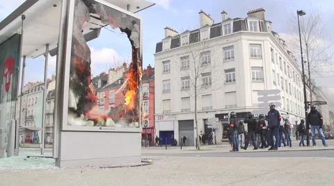 Bus shelters on fire Stock Footage 62504906