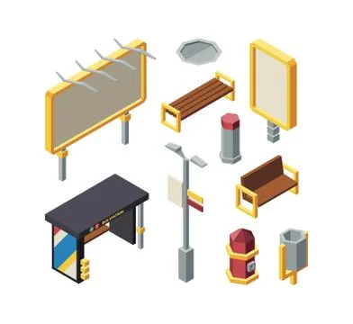 Bus station elements isometric vector illustration set Stock Illustration