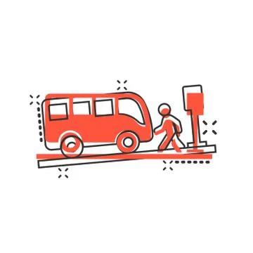 Bus station icon in comic style. Auto stop cartoon vector illustration on whi Stock Illustration
