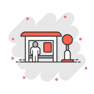 Bus station icon in comic style. Auto stop cartoon vector illustration on whi Stock Illustration