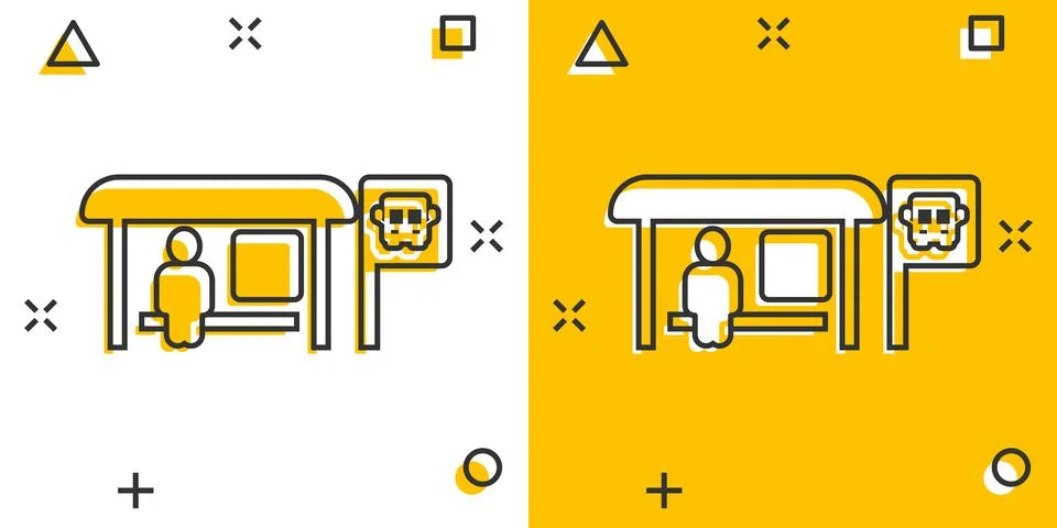 Bus station icon in comic style. Auto stop cartoon vector illustration on whi Stock Illustration