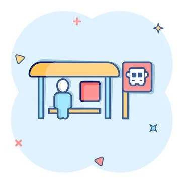 Bus station icon in comic style. Auto stop cartoon vector illustration on whi Stockillustratie