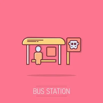 Bus station icon in comic style. Auto stop cartoon vector illustration on i.. Stock Illustration