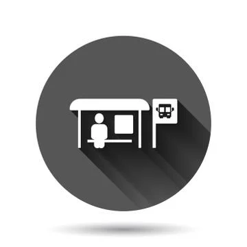 Bus station icon in flat style. Auto stop vector illustration on black round  Stock Illustration