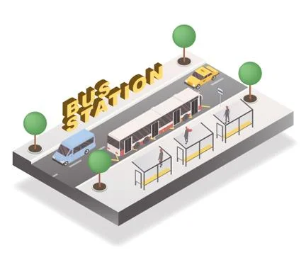 Bus station isometric banner vector template. Passengers on roadside, van and Stock Illustration