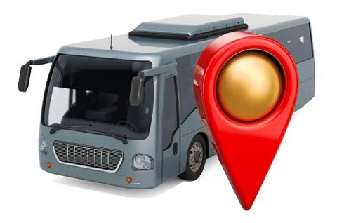 Bus station location concept. Map pointer with bus, 3D rendering Stock Illustration