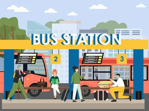 Bus station terminal, flat vector illustration. Passengers with book, camera Stock Illustration