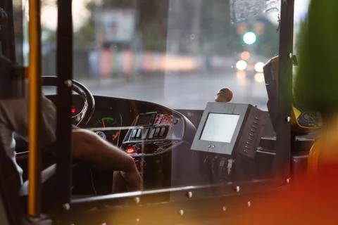 Bus steering wheel and console Stock Photos