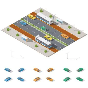 Bus stop and two way road architecture isometric icon set Stock Illustration