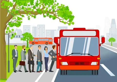 Bus stop with bus and passengers Stock Illustration