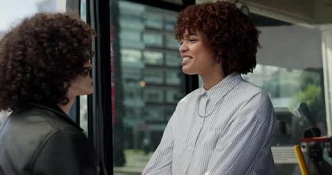 Bus stop, bye and couple hug in city after travel, commute and journey in urban Vídeo Stock 308440233
