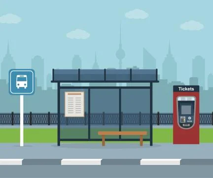 Bus stop with city background . Stock Illustration