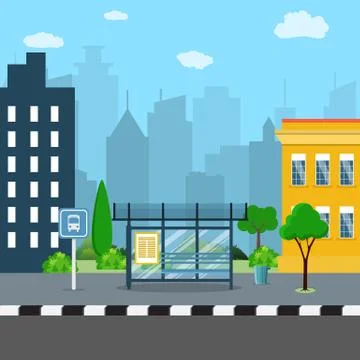 Bus stop with city background . Illustrazione stock