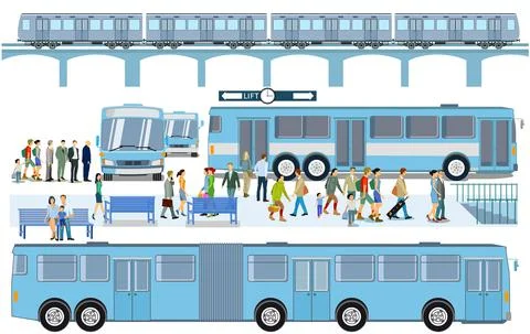 Bus stop with elevated train Illustration Stock Illustration