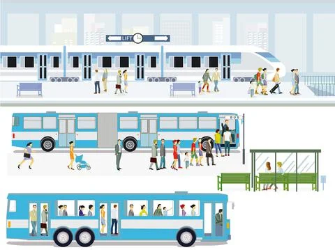 Bus stop with express train and passengers Stock Illustration