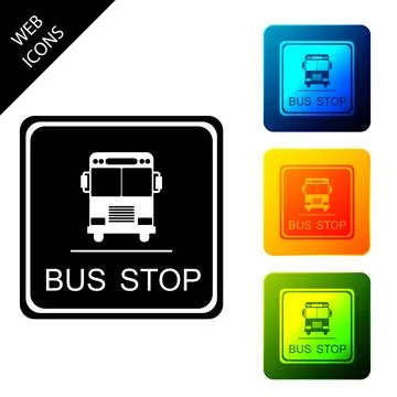 Bus stop icon isolated on white background. Set icons colorful square buttons 库存插图