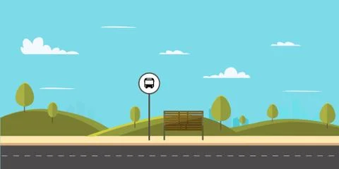 Bus stop on main street city.Public park with bench and bus stop Stock Illustration