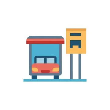 Bus stop with orange and blue shelter and sign Ilustração Stock