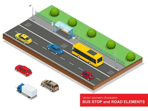 Bus stop. Set of the isometric bus, sedan, taxi, cargo, mini Stock Illustration