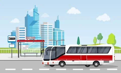 Bus stop with sign and timetable on city background with skyscrapers Stock Illustration