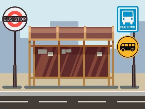 Bus stop with urban cityscape Stock Illustration