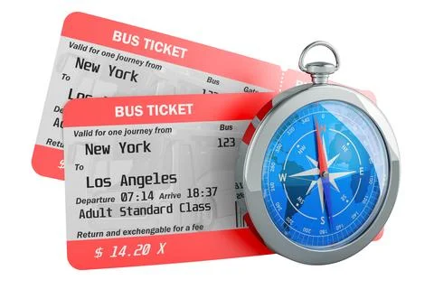 Bus tickets with compass, 3D rendering 스톡 일러스트