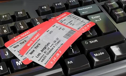 Bus tickets on computer keyboard concept, 3D rendering Stock Illustration