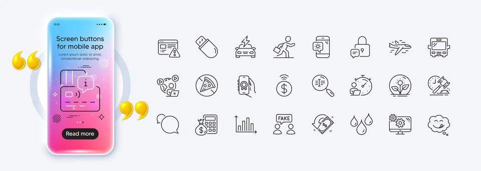 Bus, Timer and Search text line icons for web app. Pictogram icon. Phone mockup 库存插图