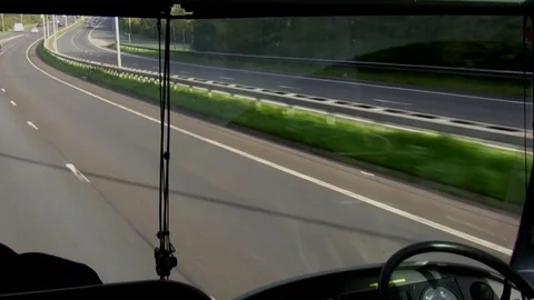 Bus windshield view driving motorway in UK Stock-Footage 92970782