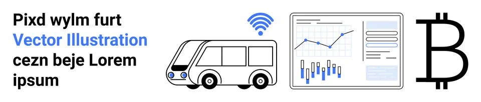 Bus with wireless symbol, data analytics graph, large Bitcoin symbol. Ideal f イラスト素材