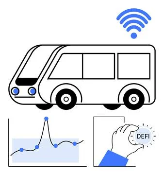 Bus with wireless symbol growth graph, and hand holding DEFI. Ideal for smart イラスト素材