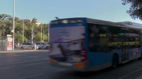 Buses and various vehicles passing through the Plaza de Cibeles in Madrid Stock Footage 199224380