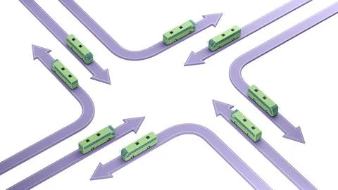 Buses on arrows of different directions isolated on white Stock Illustration