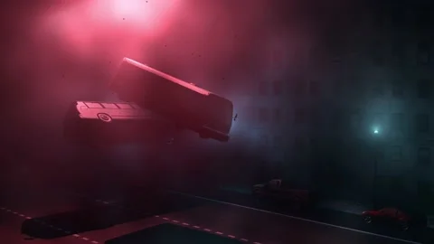 Buses floating in  fog , mist. Alien abductions in city. 3d render animation Stock Footage 162280820