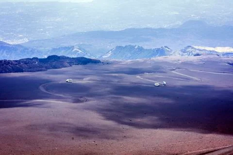 Buses on Mount Etna, active volcano on the east coast of Sicily, Italy Stock Photos