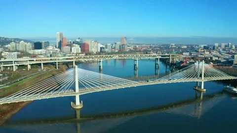 Buses passing over Tilikum Crossing Bridge Stock Footage 147355008