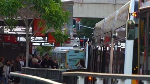 Buses zoom through Platform 2 at the Cultural Centre Busway Station during rush Stock Footage 318281166