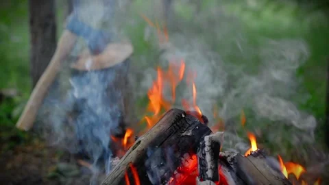 Bushcraft campfire burning in a pine forest with an axe on a log. Stock-Footage 341977906