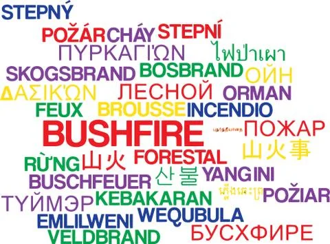 Bushfire multilanguage wordcloud background concept Stock Illustration