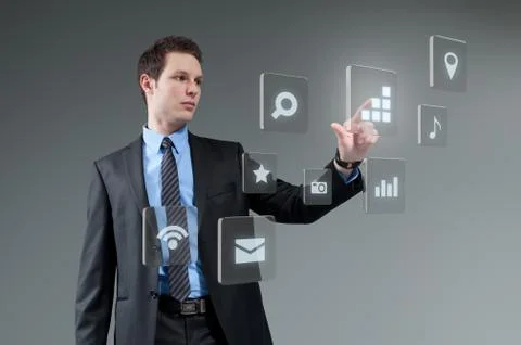 Businesman pushing button. young man touching interface. pressing technology. Stock Illustration