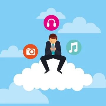 Businesman sitting cloud with mobile and social media icons 库存插图