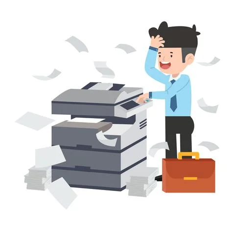 Businesman using copy machine and lot of paper documents 스톡 일러스트