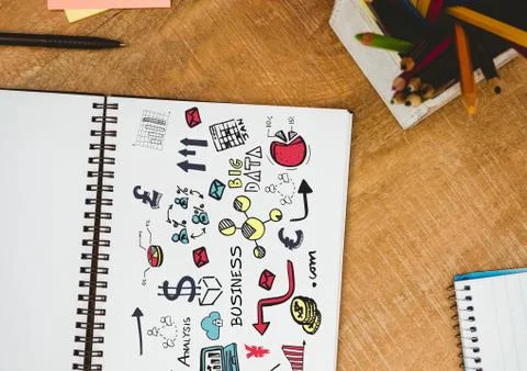 Business 3D doodle on notepad next to pencil Stock Photos