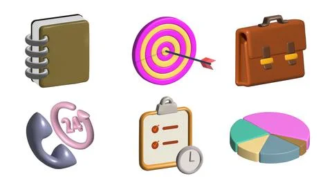 Business 3d icon set with target board, briefcase, piechart, call center Illustrazione stock