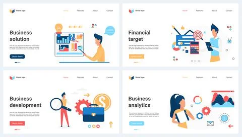 Business achievement, analytics and development set, tiny people research trends Illustrazione stock