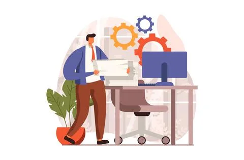 Business activities web concept in flat design. Man accountant holds stack of Stock Illustration